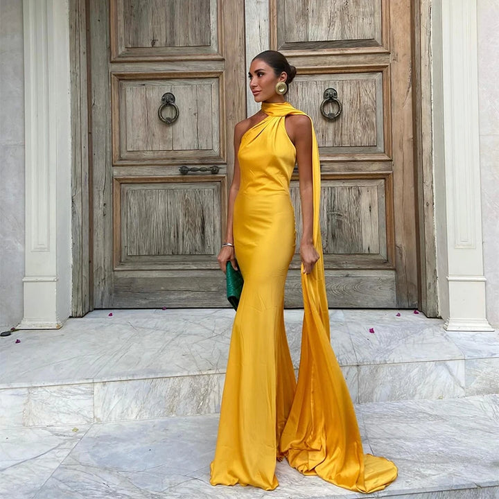 Brunella one-shoulder satin maxi dress with cape sash in yellow