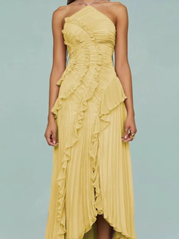 Sybil pleated ruffle halter maxi dress in yellow