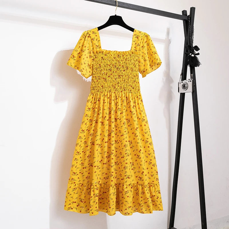 Thea smocked floral midi dress with flutter sleeves in mustard floral