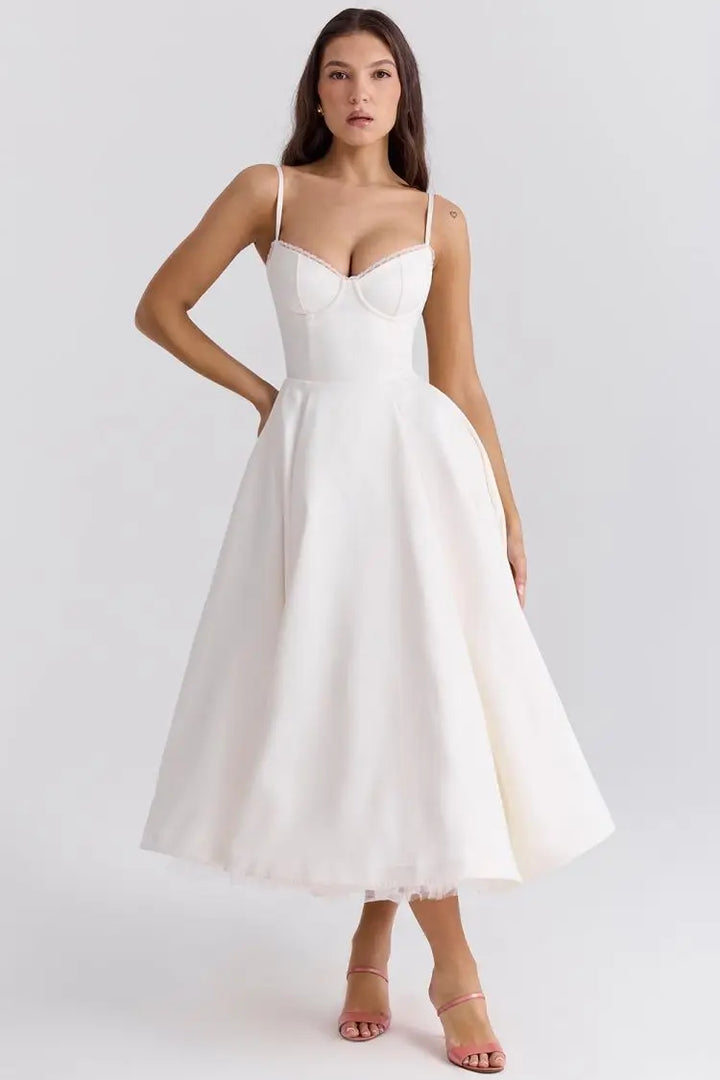 Fiammetta satin corset midi dress with full skirt in white