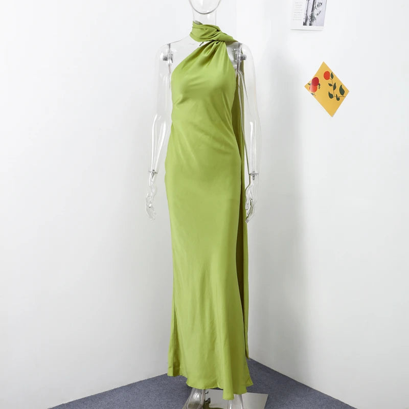 Brunella one-shoulder satin maxi dress with cape sash in lime green