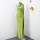 Brunella one-shoulder satin maxi dress with cape sash in lime green