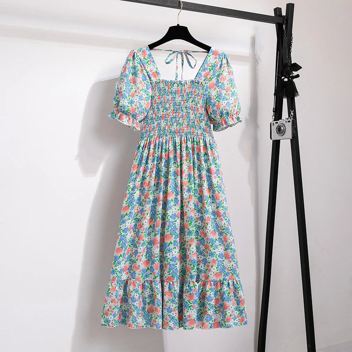 Rosaria smocked floral midi dress with puff sleeves in sky blue rose