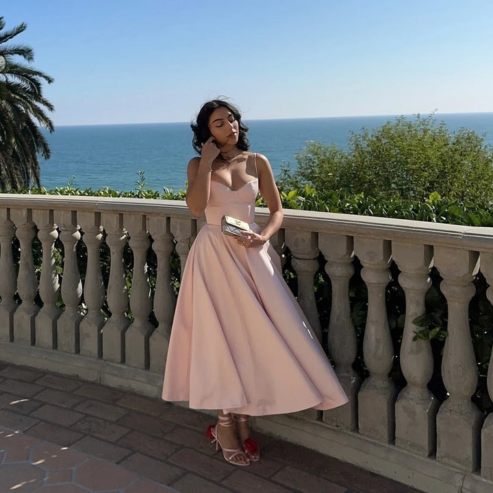 Fiammetta satin corset midi dress with full skirt