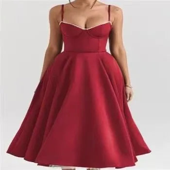 Fiammetta satin corset midi dress with full skirt in wine