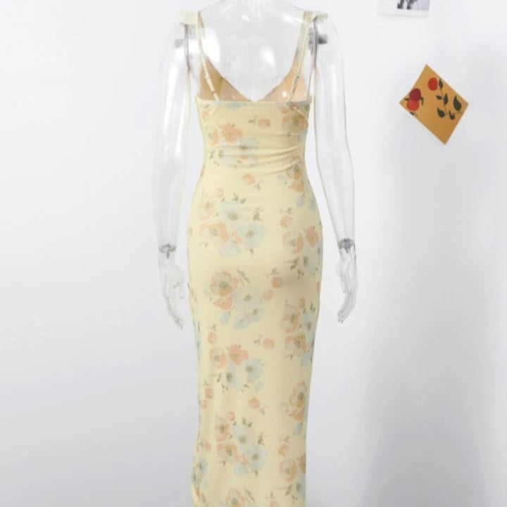Raphaelle floral mesh midi dress with ruffle neckline