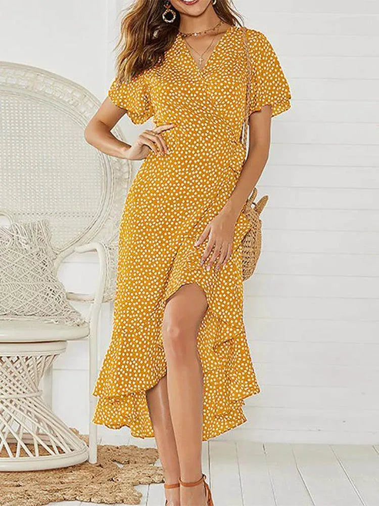 Una floral chiffon wrap maxi dress in mustard