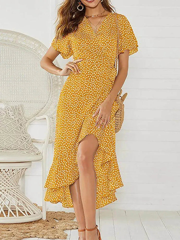 Una floral chiffon wrap maxi dress in mustard