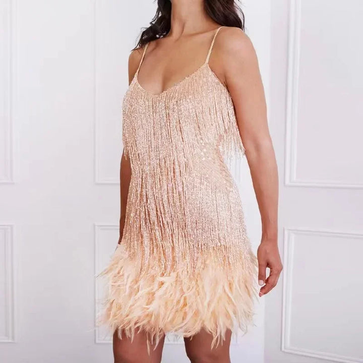 Novella feather fringe mini dress in champagne