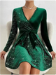 Esperanza sequin wrap mini dress with long sleeves in emerald green