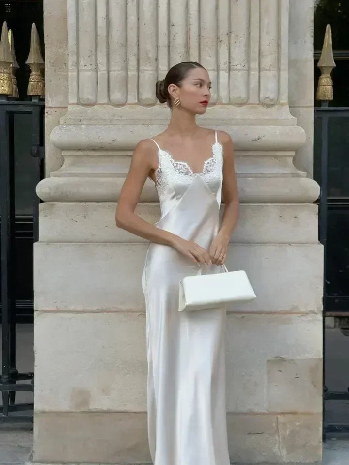 Mirabella satin slip maxi dress with lace trim in ivory