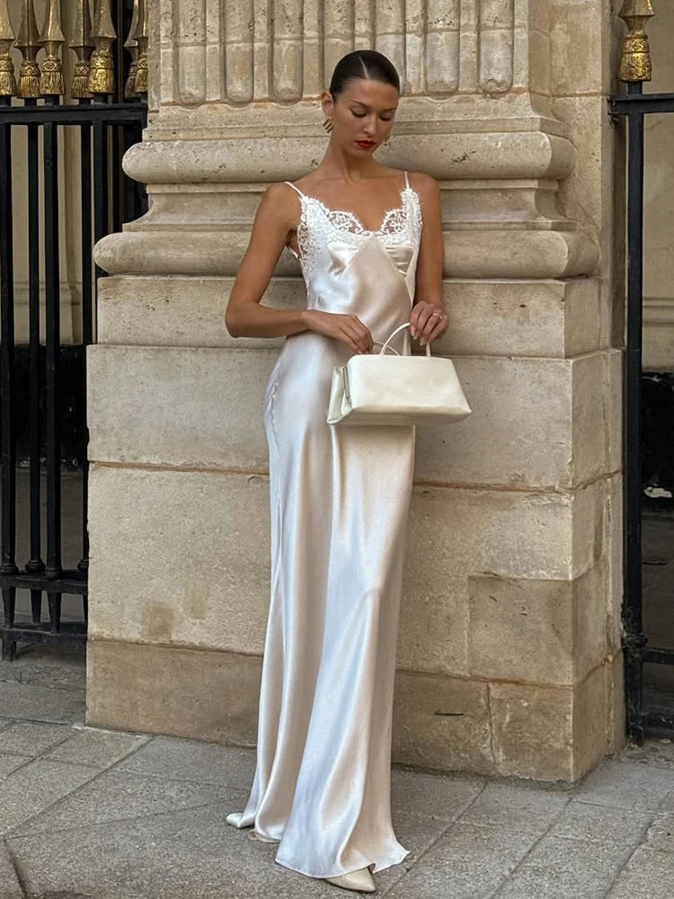 Mirabella satin slip maxi dress with lace trim