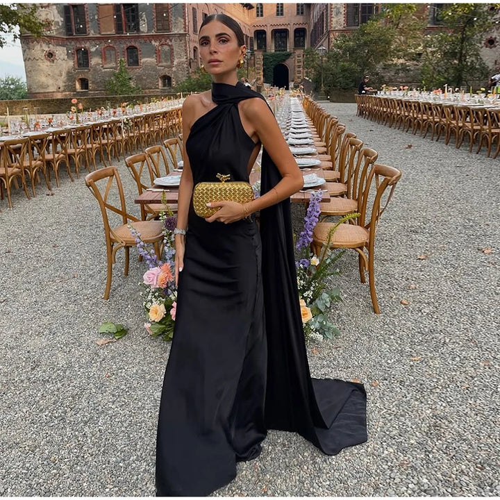 Brunella one-shoulder satin maxi dress with cape sash in black