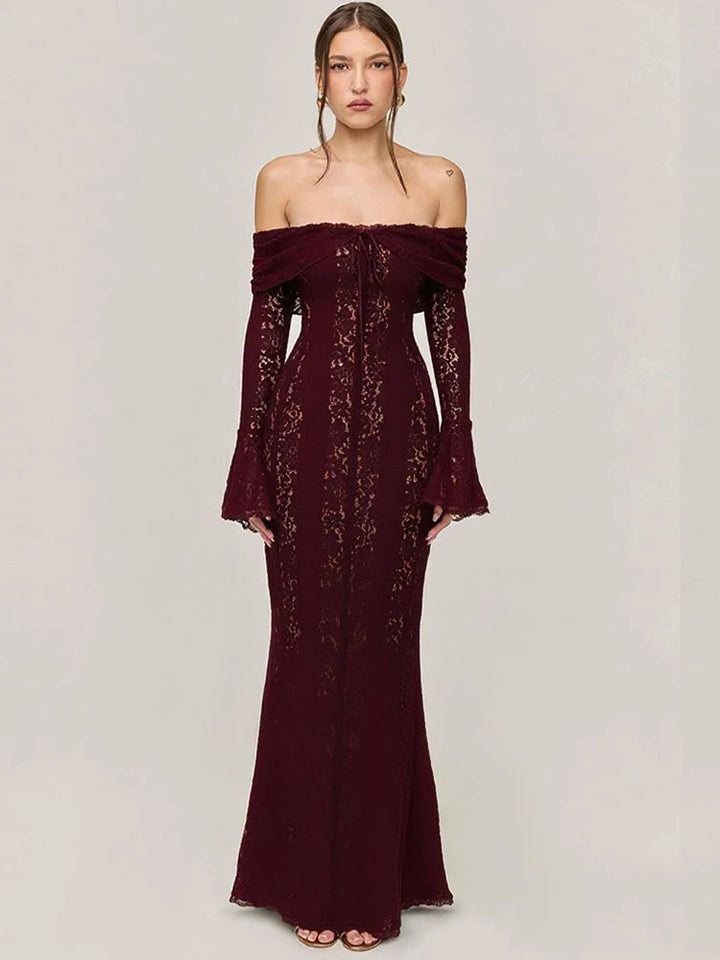 Loredana off-shoulder lace maxi dress in plum