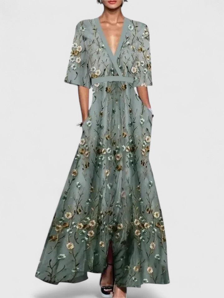 Adelina | Women's Tie-Waist Floral Maxi Dress with V-Neck and Three-Quarter Sleeves - image 7