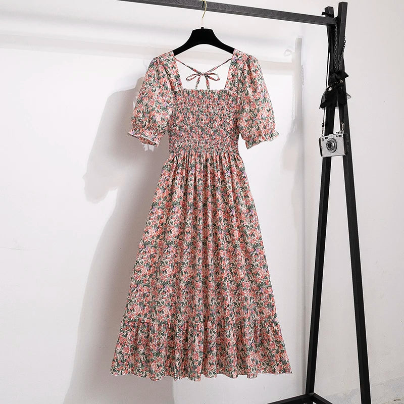 Rosaria smocked floral midi dress with puff sleeves in pink floral
