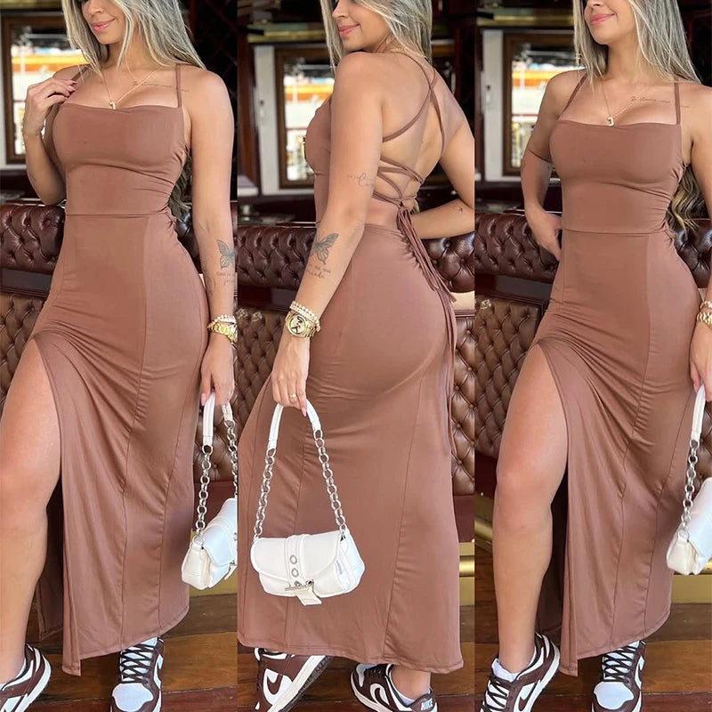 Domenica strappy maxi dress with lace-up back in mocha