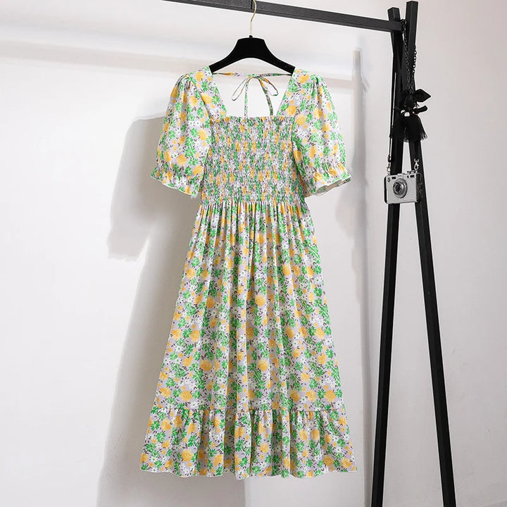 Rosaria smocked floral midi dress with puff sleeves in yellow rose