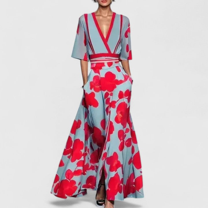 Adelina | Women's Tie-Waist Floral Maxi Dress with V-Neck and Three-Quarter Sleeves - image 4
