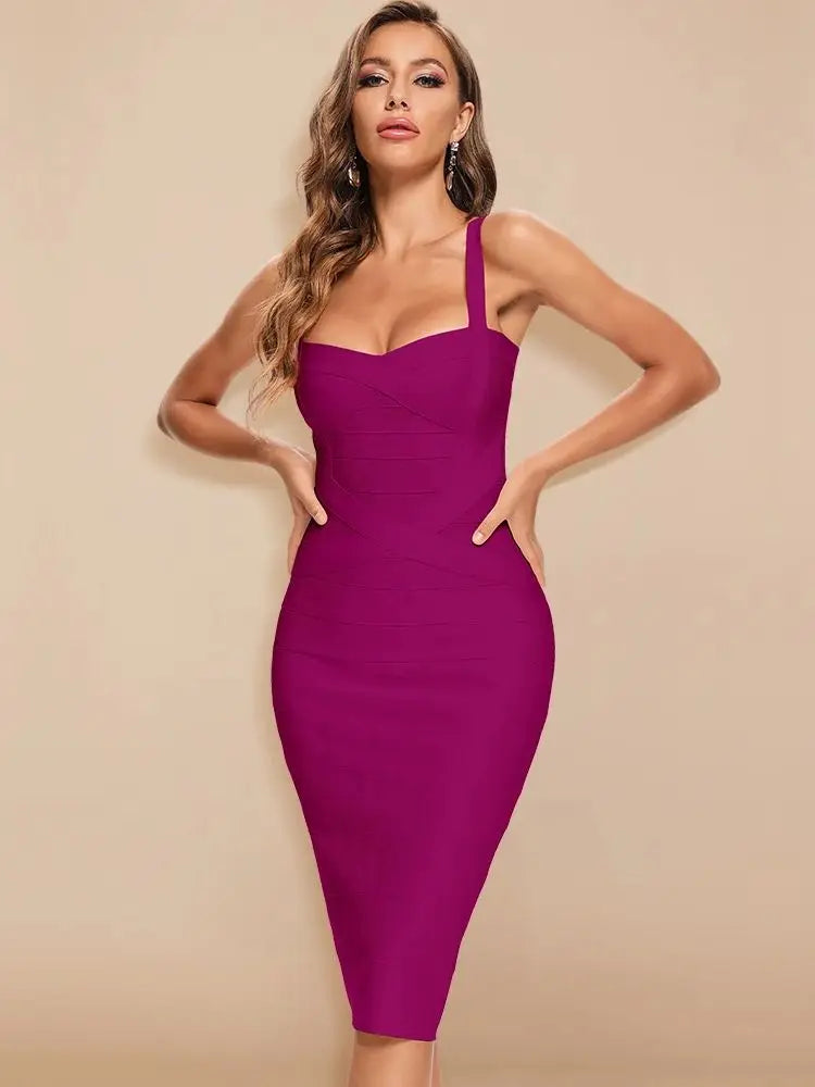 Gioconda bandage midi dress with sweetheart neckline in fuchsia