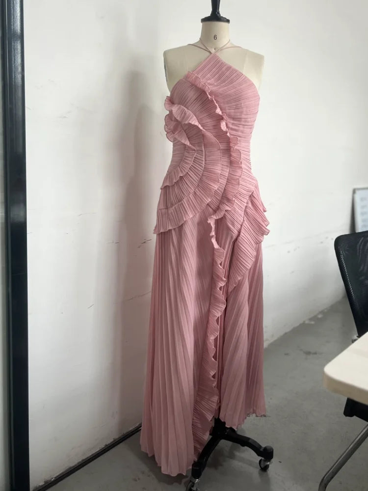Sybil pleated ruffle halter maxi dress in pink