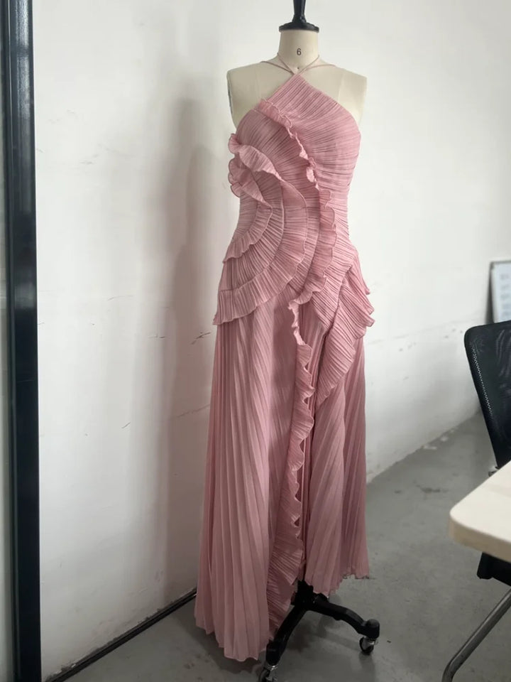 Sybil pleated ruffle halter maxi dress in pink