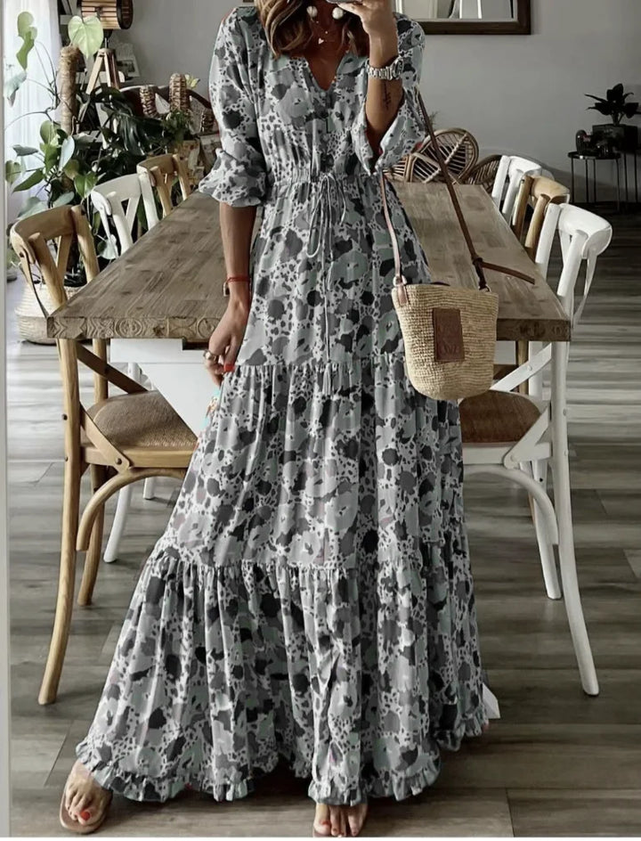 Mafalda floral print maxi dress with long sleeves in grey floral