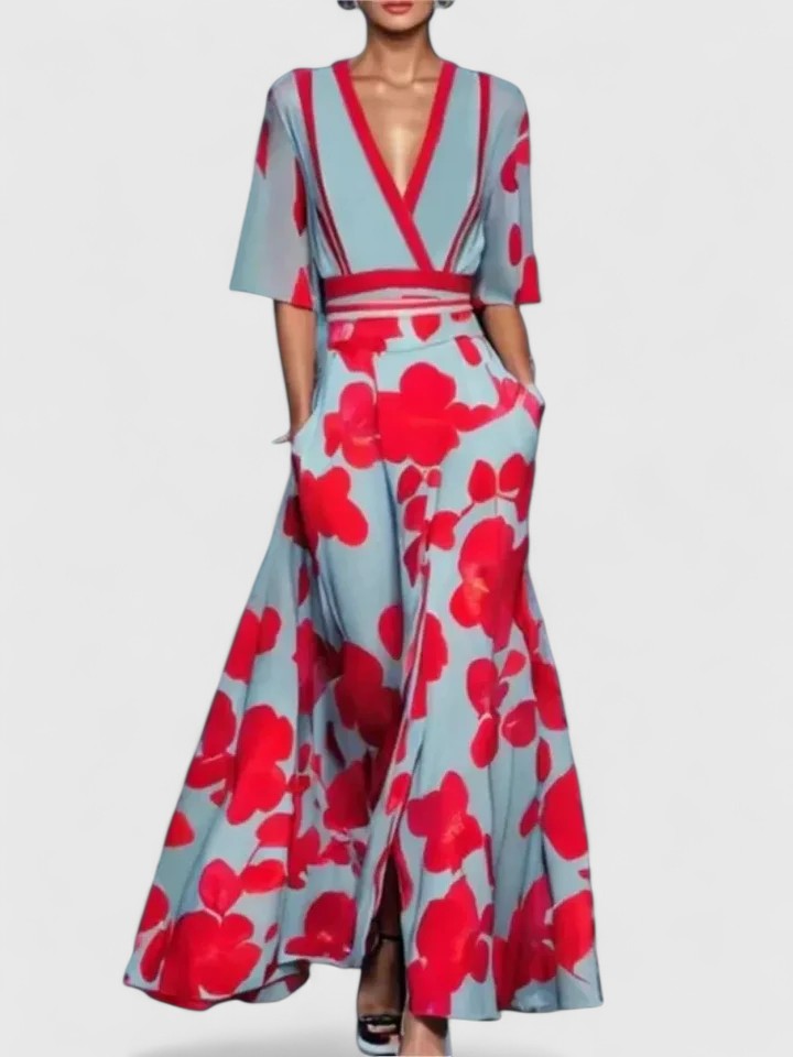 Adelina | Women's Tie-Waist Floral Maxi Dress with V-Neck and Three-Quarter Sleeves - image 1
