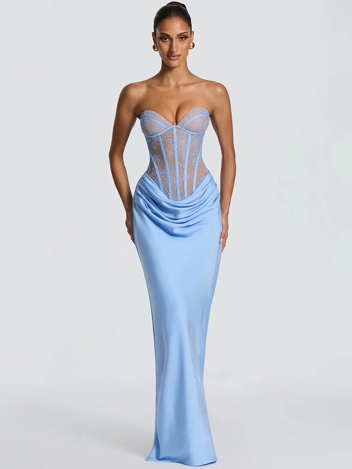 Ottavia lace corset satin maxi dress in light blue