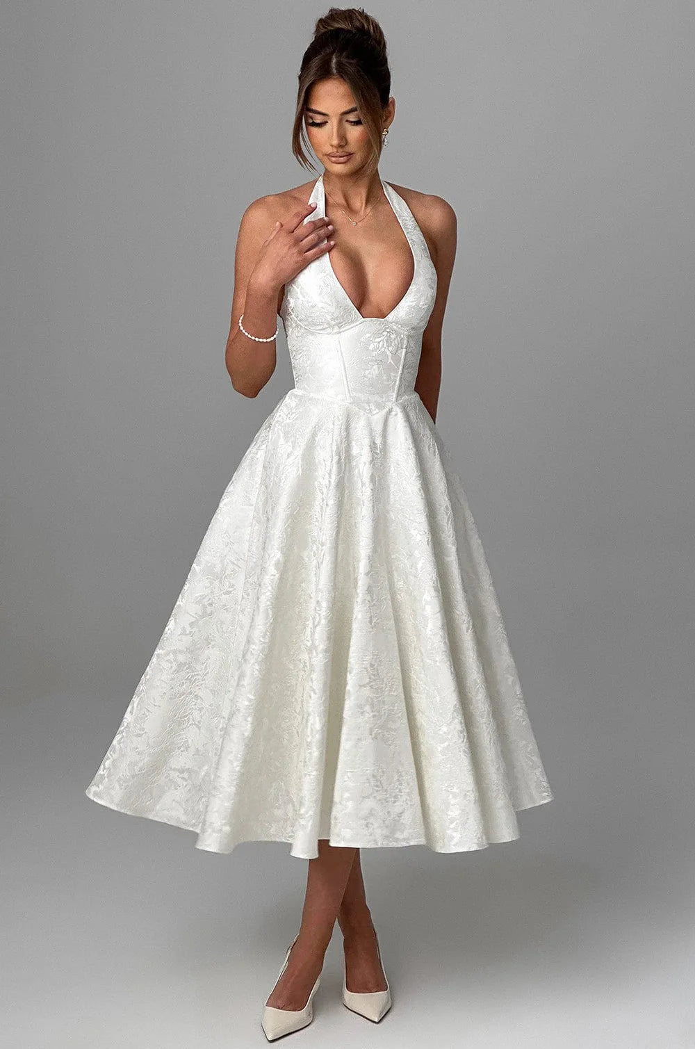 Liliana jacquard halter midi dress with bow back in white