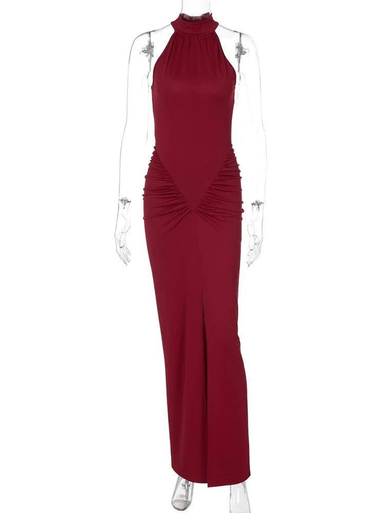 Graziella halter neck ruched maxi dress in wine red