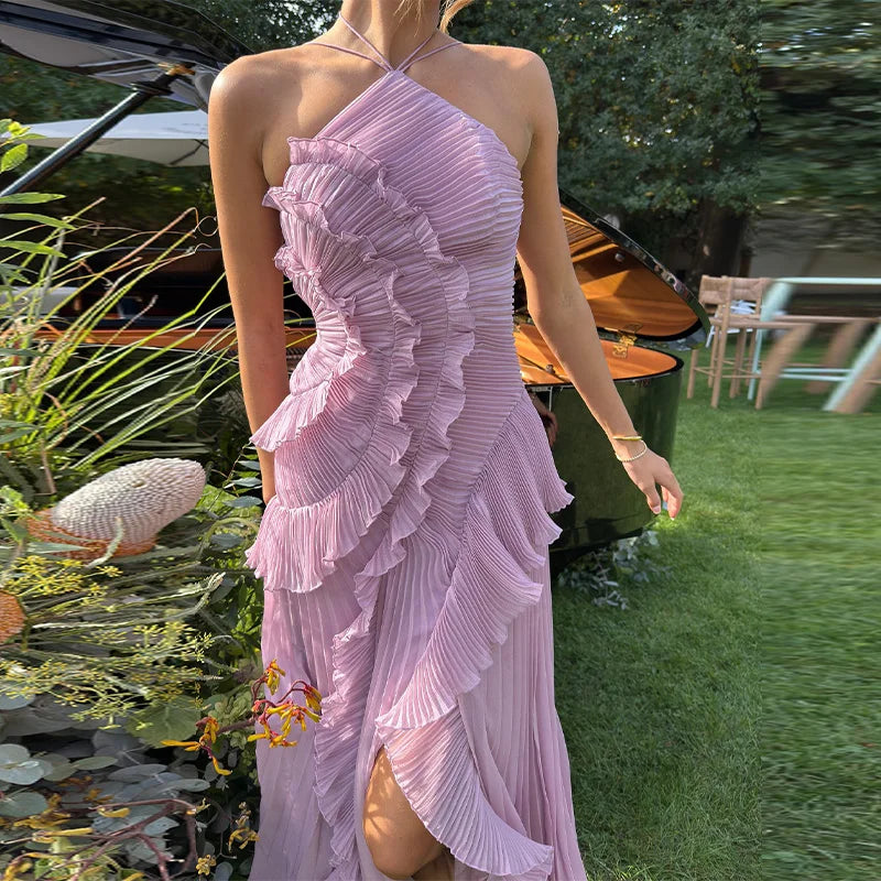 Sybil pleated ruffle halter maxi dress