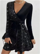 Esperanza sequin wrap mini dress with long sleeves in black