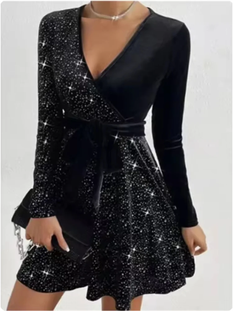 Esperanza sequin wrap mini dress with long sleeves