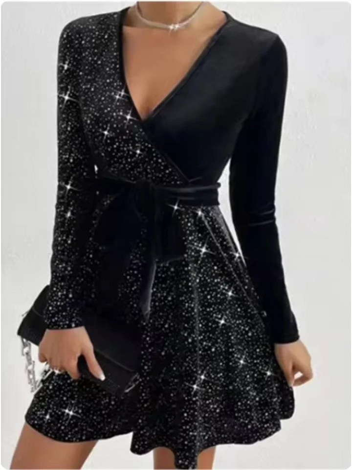 Esperanza sequin wrap mini dress with long sleeves
