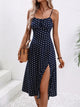 Ornella printed slip midi dress with side slit in navy dot