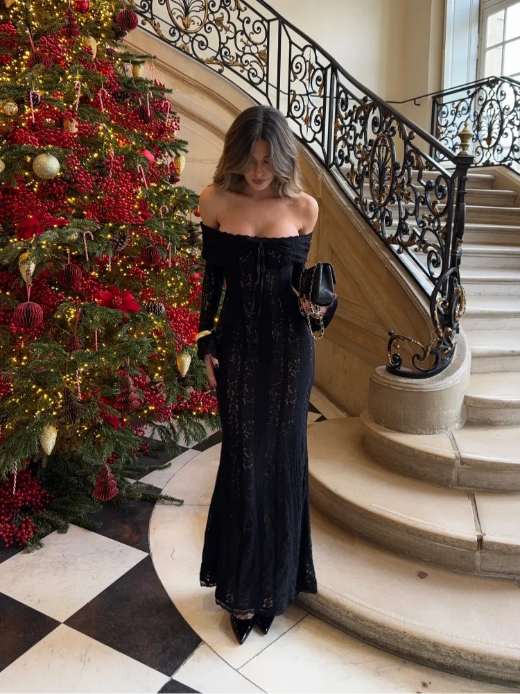 Loredana off-shoulder lace maxi dress in black