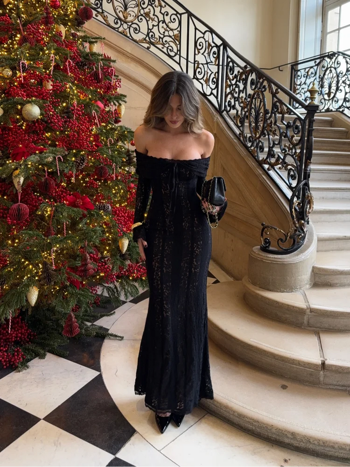 Loredana off-shoulder lace maxi dress in black