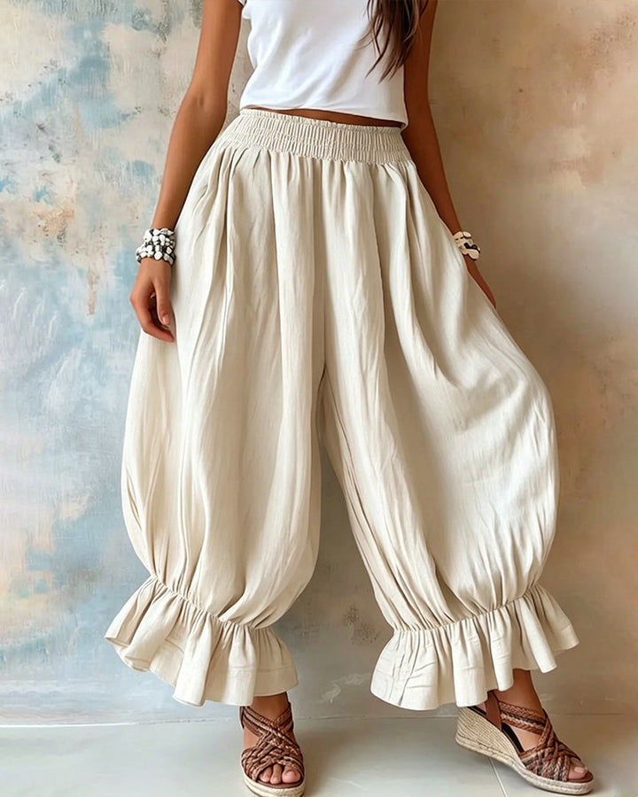 Imogen | Women's Casual Smocked Waist Wide Leg Ruffle Hem Balloon Pants