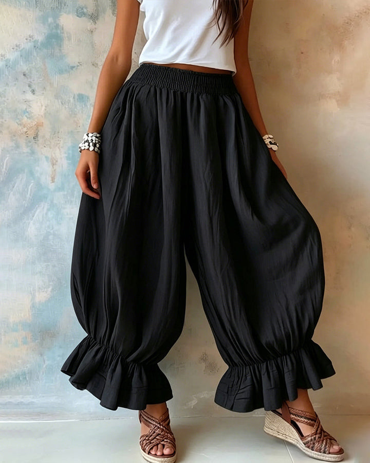 Imogen | Women's Casual Smocked Waist Wide Leg Ruffle Hem Balloon Pants