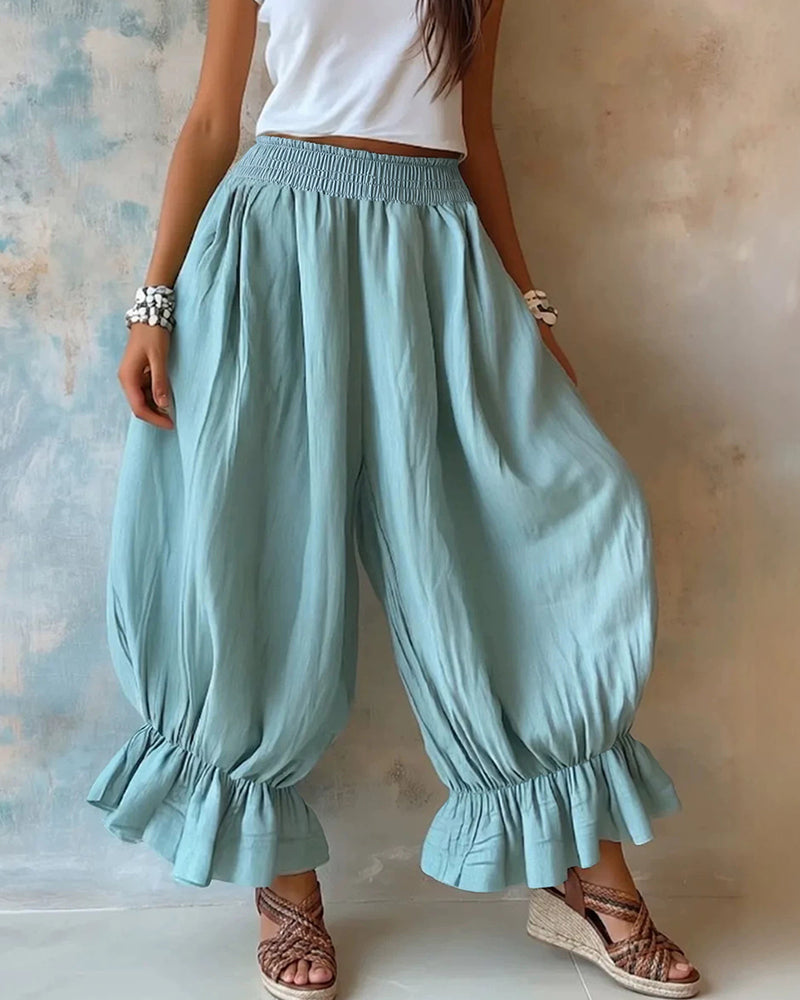 Imogen | Women's Casual Smocked Waist Wide Leg Ruffle Hem Balloon Pants