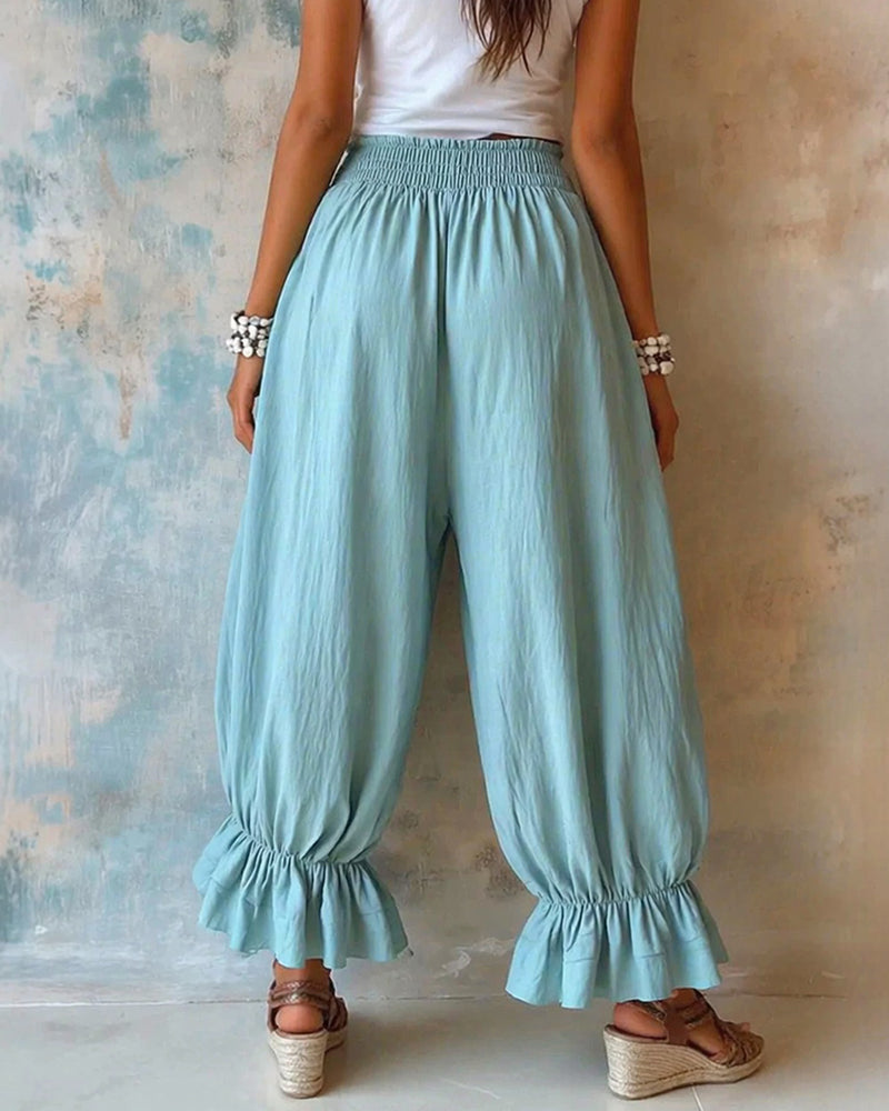 Imogen | Women's Casual Smocked Waist Wide Leg Ruffle Hem Balloon Pants