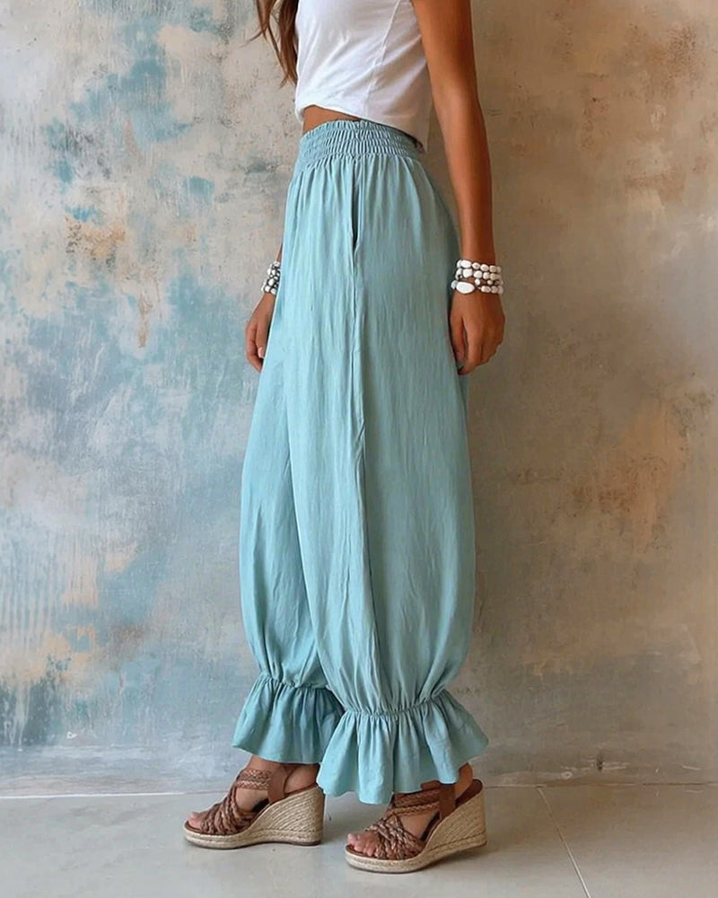 Imogen | Women's Casual Smocked Waist Wide Leg Ruffle Hem Balloon Pants