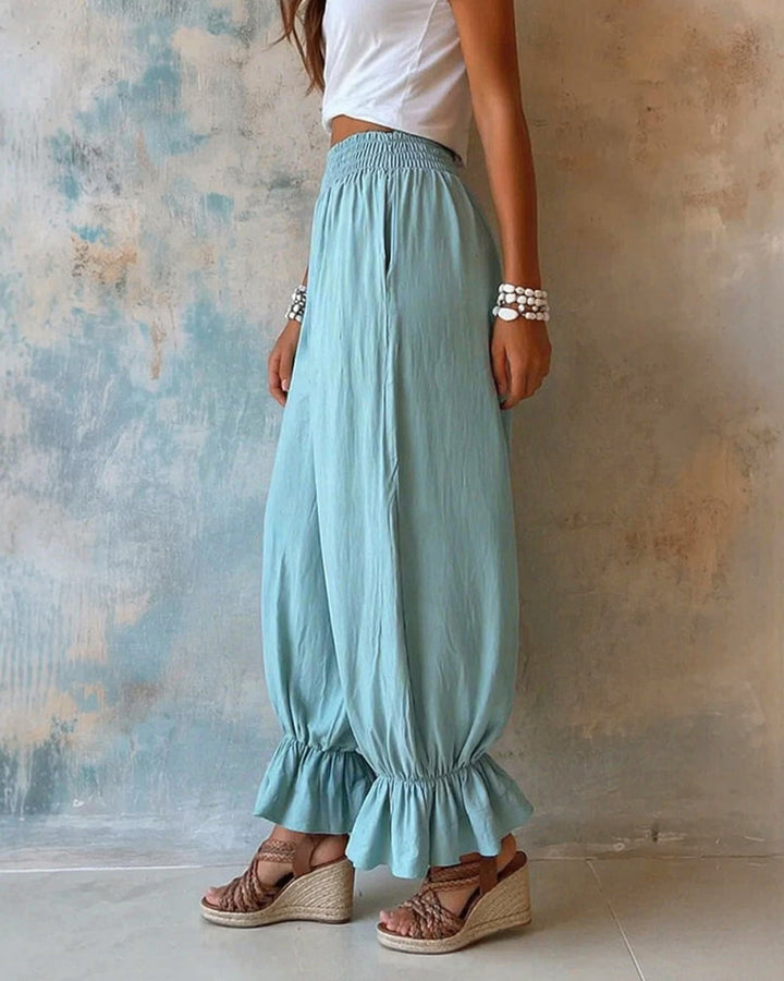 Imogen | Women's Casual Smocked Waist Wide Leg Ruffle Hem Balloon Pants