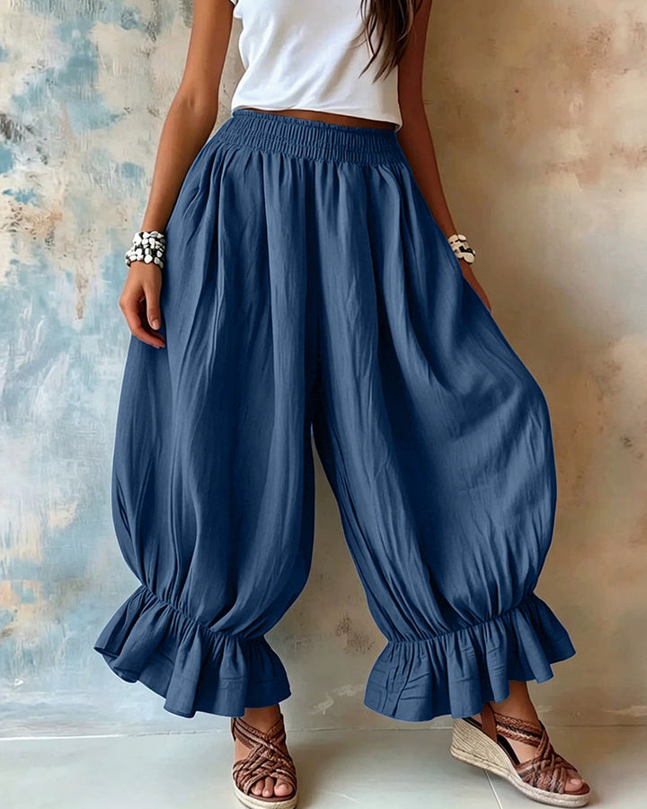 Imogen | Women's Casual Smocked Waist Wide Leg Ruffle Hem Balloon Pants