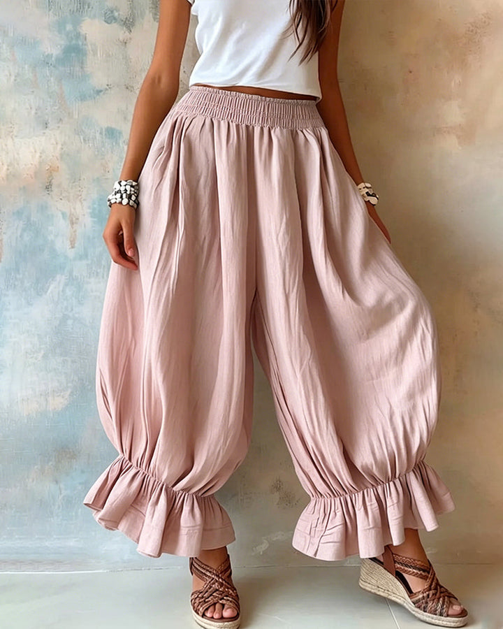 Imogen | Women's Casual Smocked Waist Wide Leg Ruffle Hem Balloon Pants
