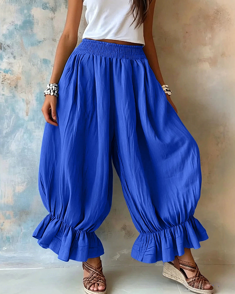 Imogen | Women's Casual Smocked Waist Wide Leg Ruffle Hem Balloon Pants
