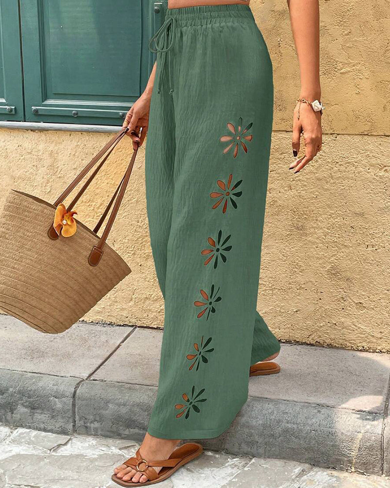 Jessamine | Women's Casual Boho Floral Eyelet Wide-Leg Pants