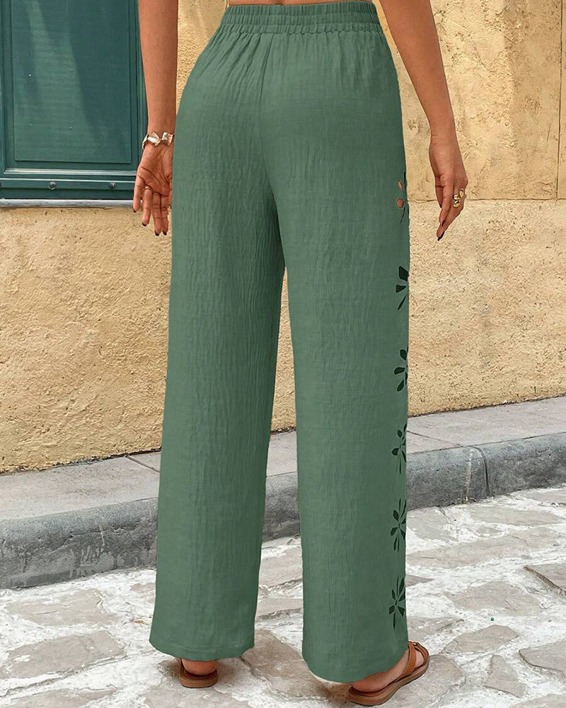 Jessamine | Women's Casual Boho Floral Eyelet Wide-Leg Pants