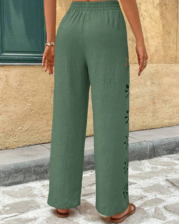 Jessamine | Women's Casual Boho Floral Eyelet Wide-Leg Pants